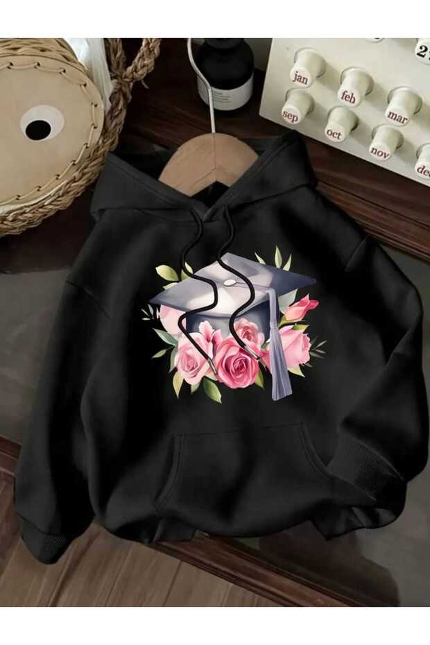 Graduation Cap Printed Hooded Pocket Cotton Black Sweatshirt