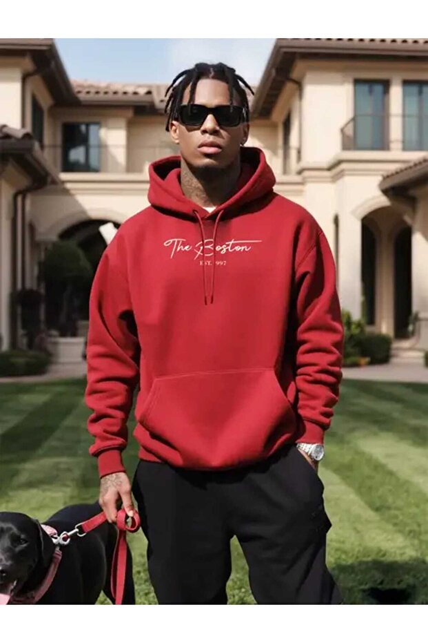 The Boston Est Printed Hooded Pocket Red Sweatshirt with Wool Inside