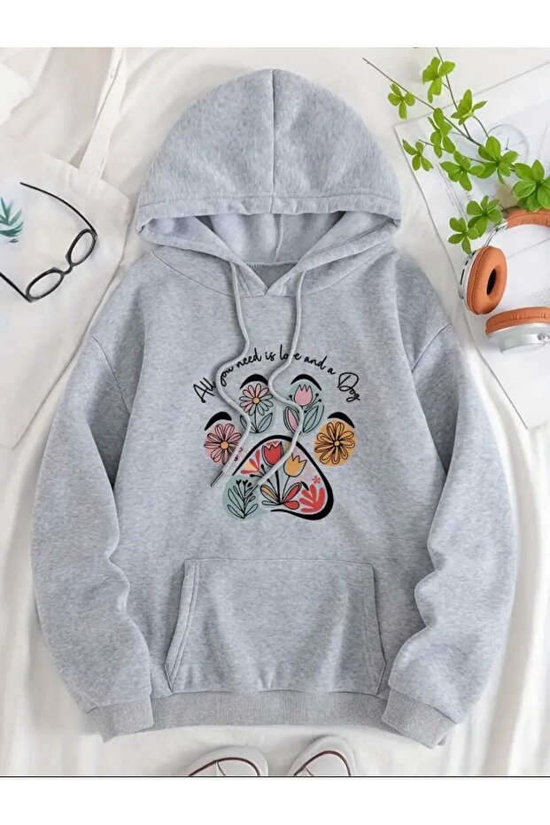 Floral Paw Printed Hooded Pocket Cotton Gray Sweatshirt