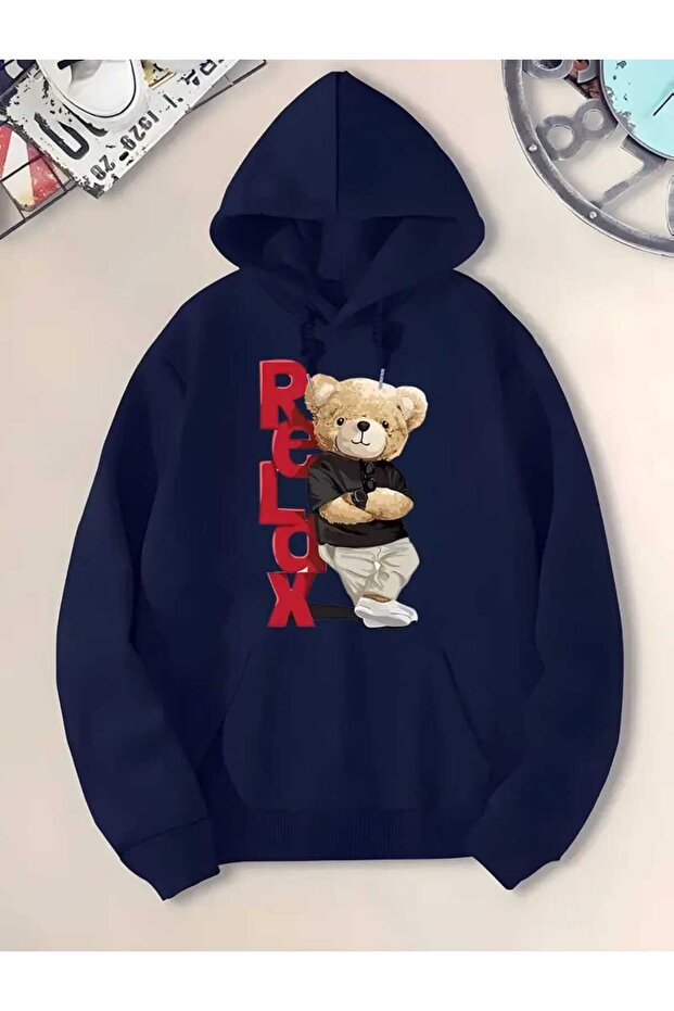 Bear Relax Printed Hooded Pocket Cotton Navy Blue Sweatshirt