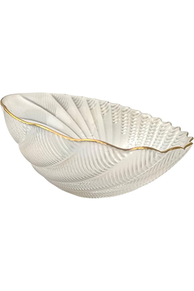 Glass Serving Bowl, 13cm Shell Pattern, Clear with Gold Rim, Textured Design