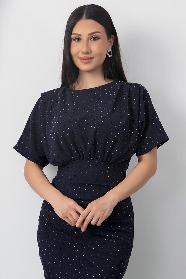 Bisiklet Yaka Taşlı Yırtmaçlı Elbise DKS1313 - 2