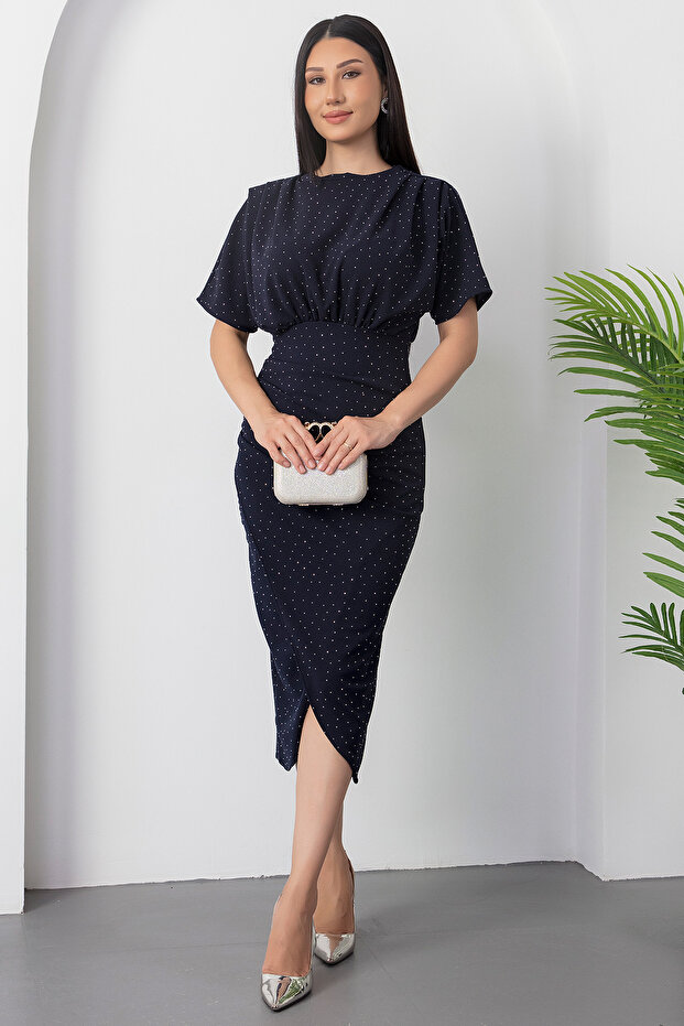 Bisiklet Yaka Taşlı Yırtmaçlı Elbise DKS1313 - 1