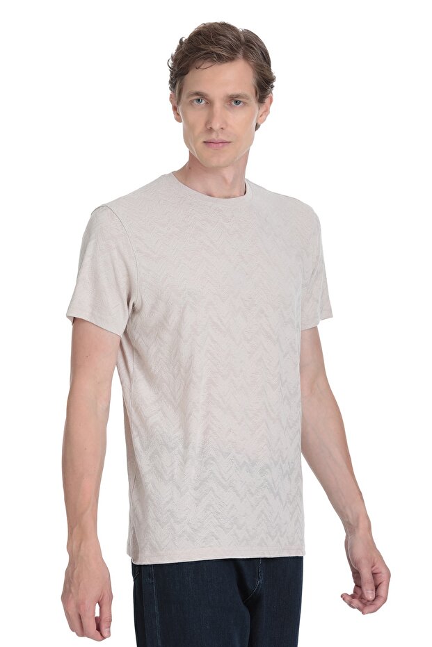 Ekru Regular Fit Bisiklet Yaka Tişört - 3