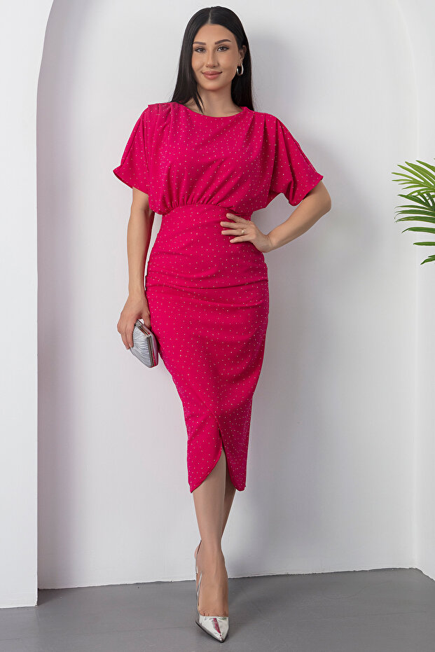 Bisiklet Yaka Taşlı Yırtmaçlı Elbise DKS1313 - 6