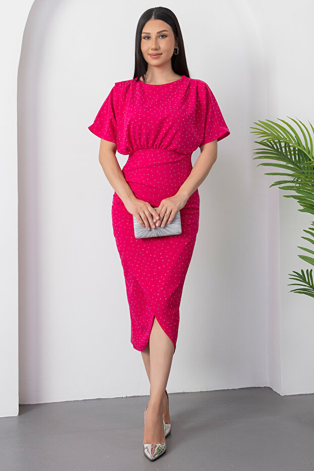 Bisiklet Yaka Taşlı Yırtmaçlı Elbise DKS1313 - 1