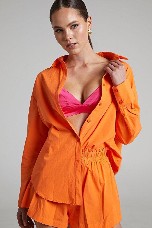 Turuncu Oversize Basic Kadın Gömlek SH268 - 2