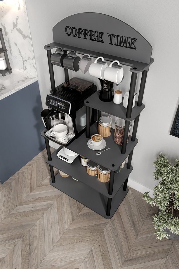 Dekoratif Çok Amaçlı Katlı ANTRASİT GRİ Coffee Tıme Kahve Köşesi 39 Cm X 69 Cm Tüm Kahve Makineleri - 2