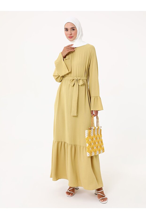 Hijab Dress with Flared Sleeves and Belt - Pistachio Green -