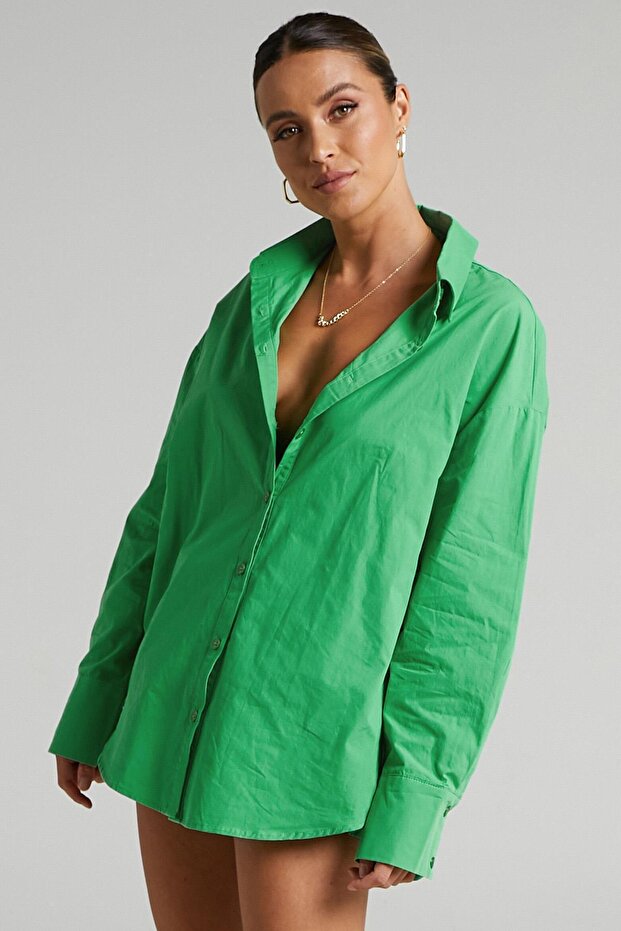 Yeşil Oversize Basic Kadın Gömlek SH268 - 4