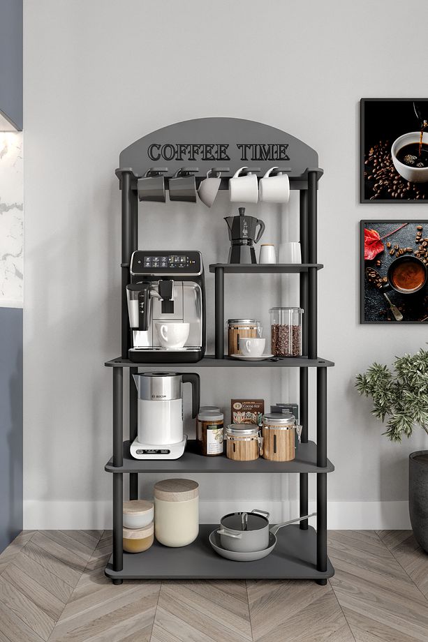 Dekoratif Çok Amaçlı Katlı ANTRASİT GRİ Coffee Tıme Kahve Köşesi 39 Cm X 69 Cm Tüm Kahve Makineleri - 3