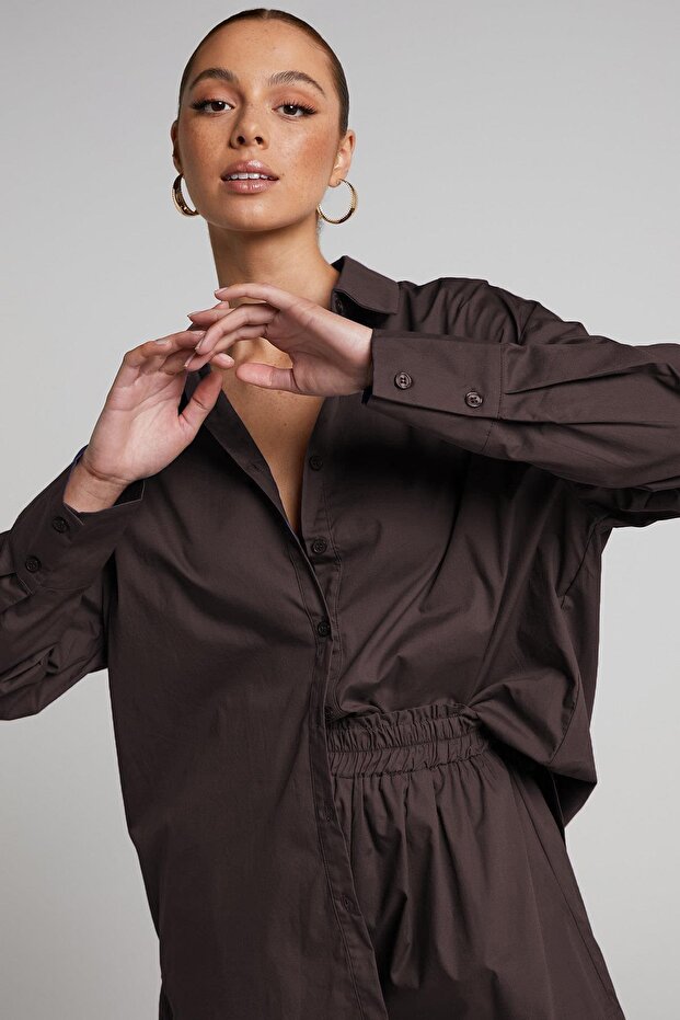 Kahverengi Oversize Basic Kadın Gömlek SH268 - 2