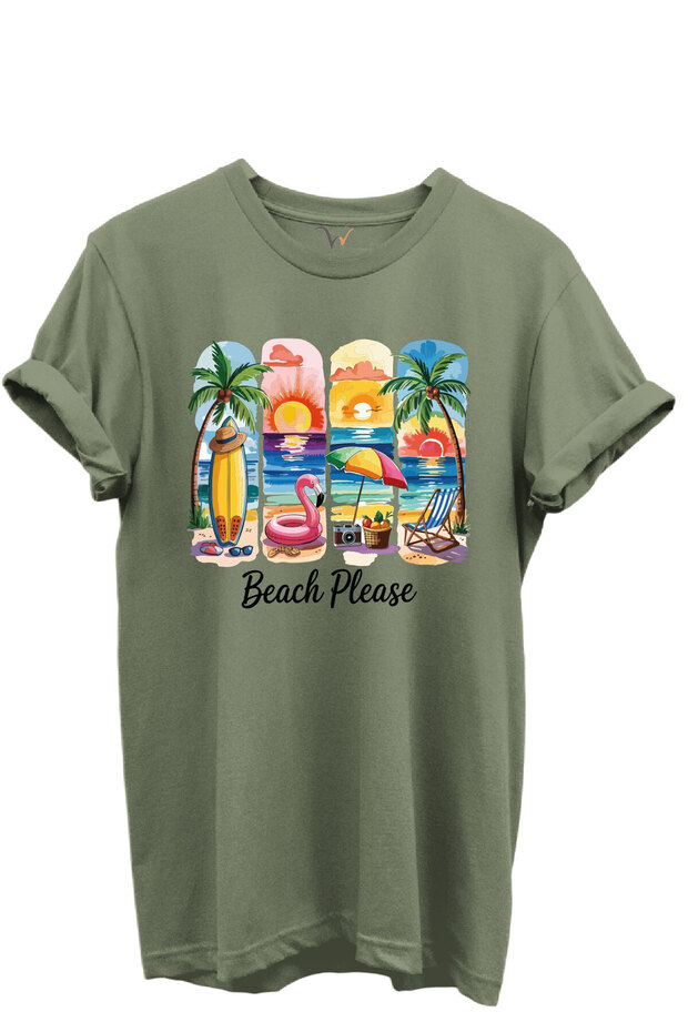 Beach Please Written Colorful Beach and Sunset Themed 100% Cotton Regular Fit Unisex T-Shirt