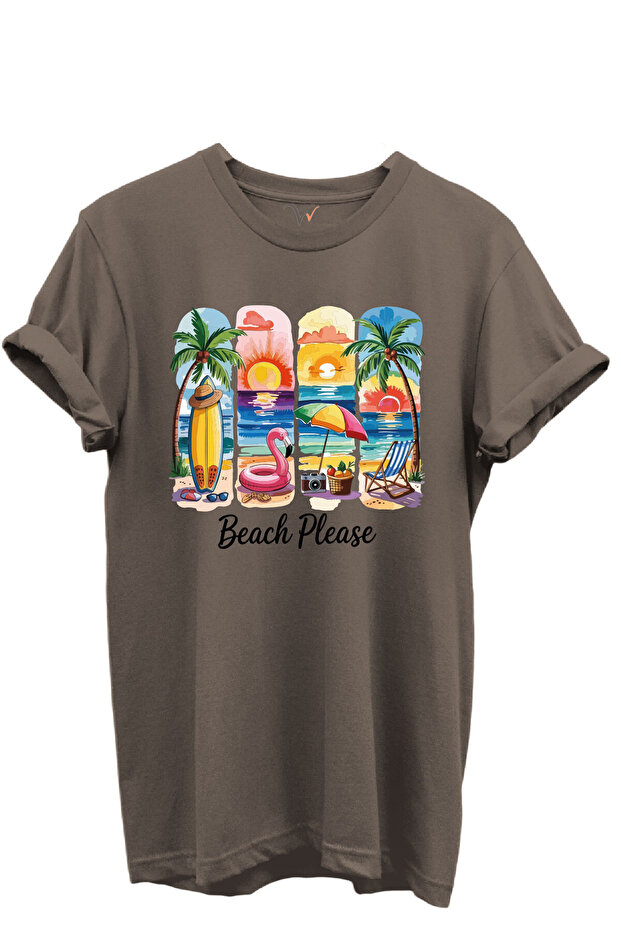 Beach Please Written Colorful Beach and Sunset Themed 100% Cotton Regular Fit Unisex T-Shirt