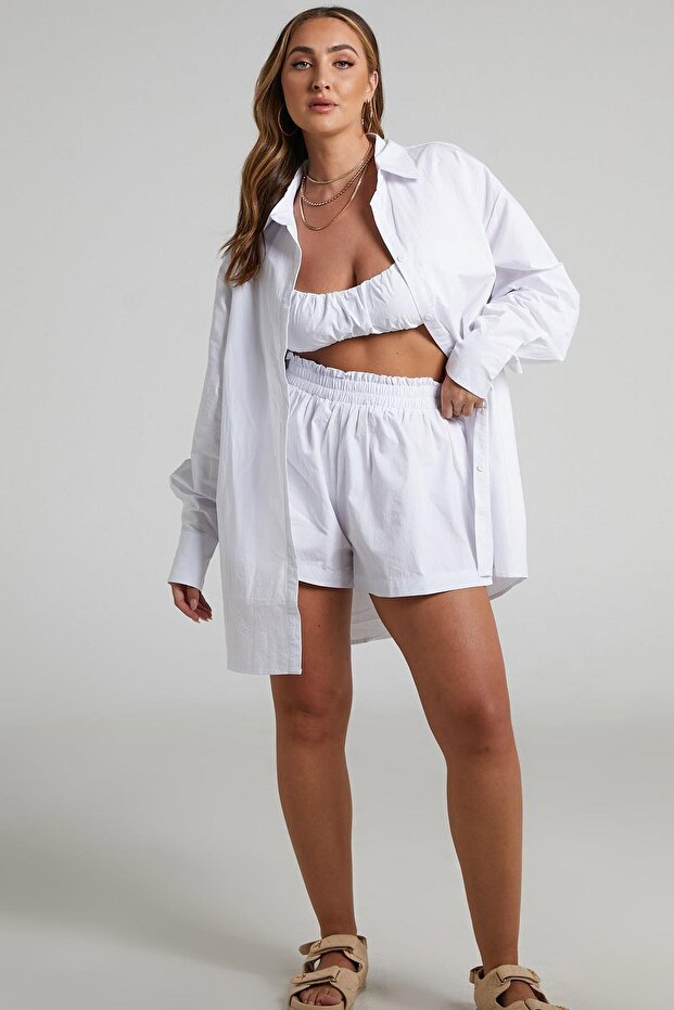 Beyaz Oversize Basic Kadın Gömlek SH268 - 5