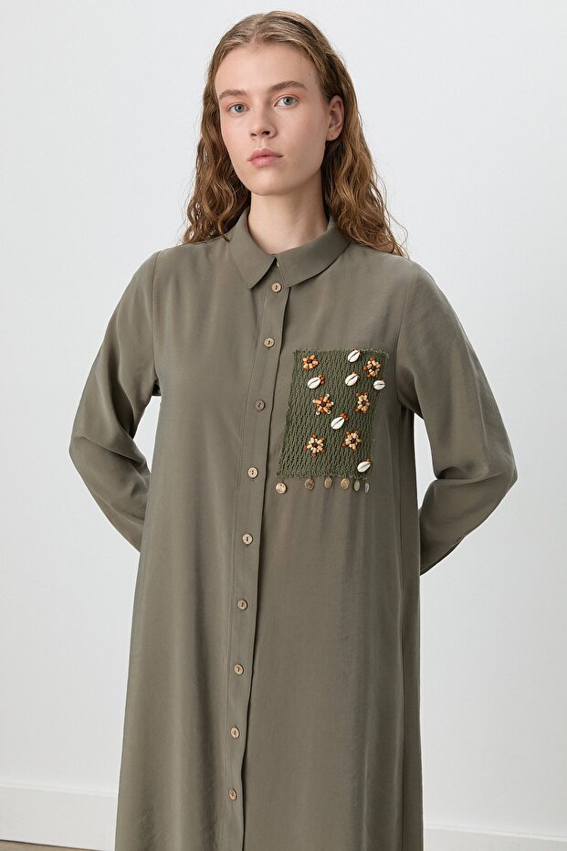 Gömlek Yaka Makromeli Modal Tunik Haki - 3