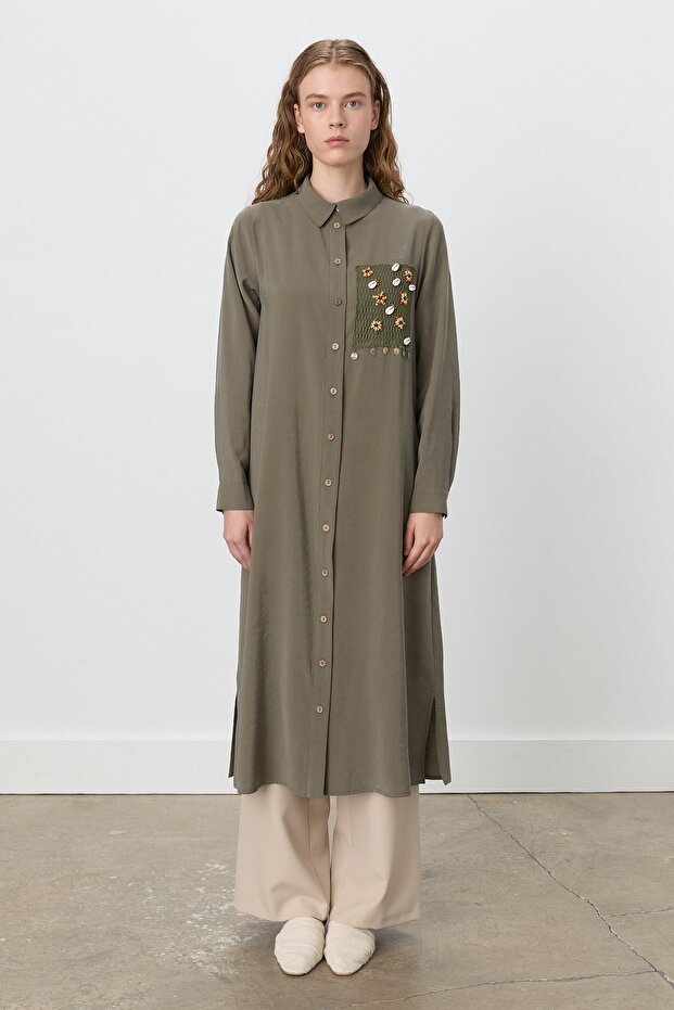 Gömlek Yaka Makromeli Modal Tunik Haki - 1