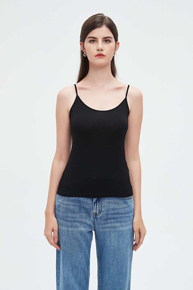 Solid Tank Top with Thin Straps and Wide Neckline