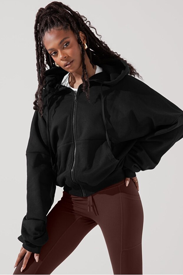 Women's Black Hooded Jacket Lace-Up Sweatshirt Zippered 3 Thread Ş Fleece-Lined O Oversized Cut