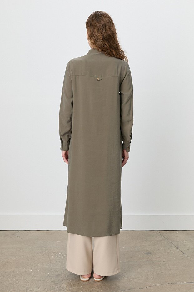 Gömlek Yaka Makromeli Modal Tunik Haki - 4