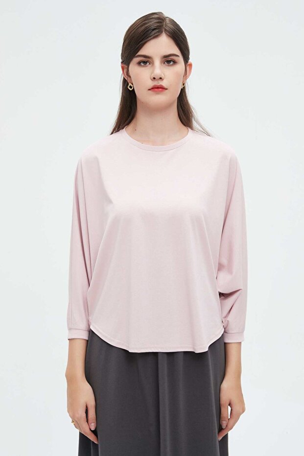 بلوزة سادة كبيرة الحجم بأكمام 3/4 - 1