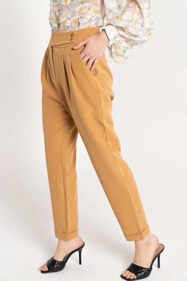 High-Waisted Solid Long Pants with Side Buttons - 1