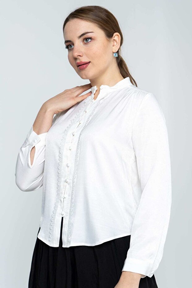 Solid Long Sleeve Button-Up Blouse - 1