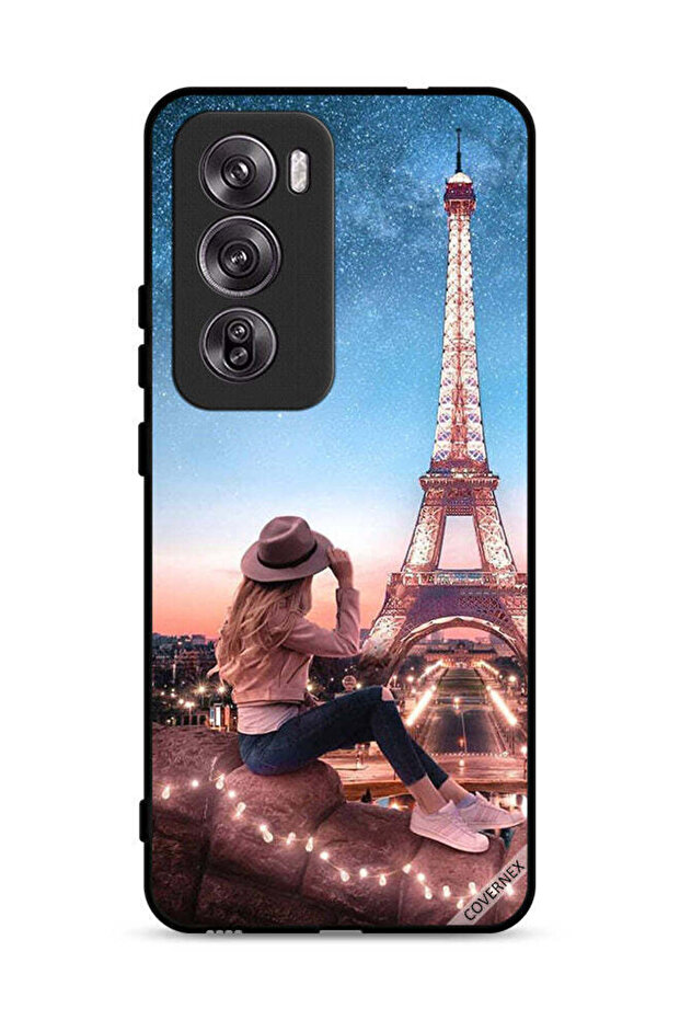 غطاء حماية لهاتف Oppo Reno12 Pro 5G بنقشة فتاة القبعة وبرج إيفل