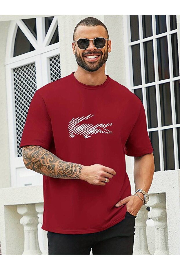 Red Men's Crew Neck Casual Oversize Crocodile Line Art Style Graphic Print
