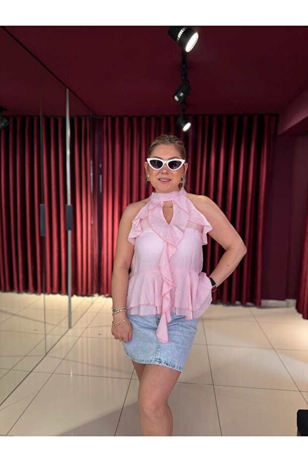 Halter Neckline Flounce Blouse - 4