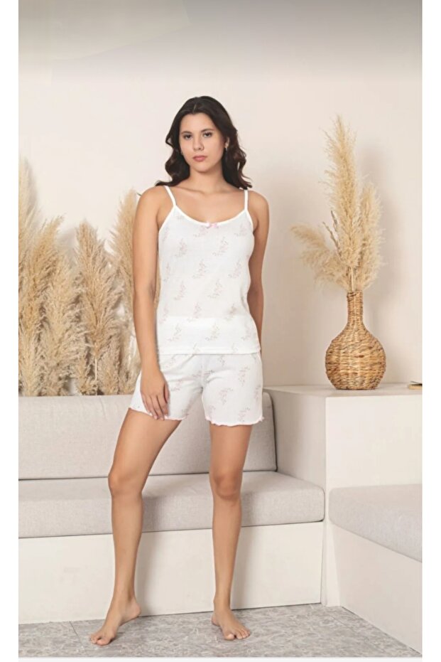 Women's Viscose Combed Cotton White Pink Floral Thin Strap Shorts Pajamas Set