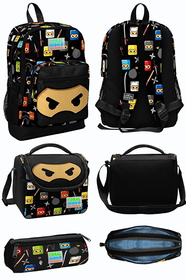 Black Ninja Patterned Four Compartment School Backpack Lunch Bag Pencil Bag