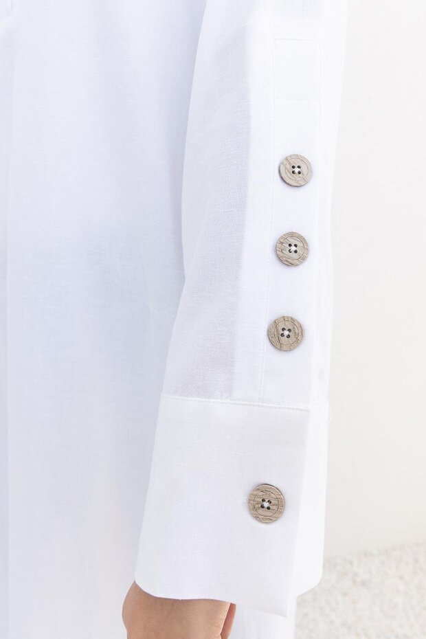 White-Linen Tunic with Cuff Buttons - 3