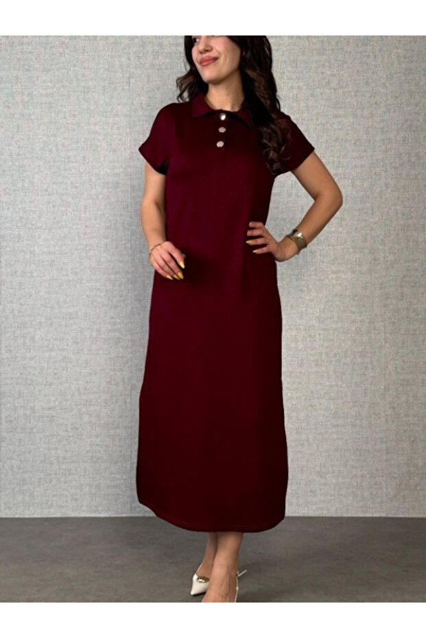New Season Women's Short Sleeve Collar Side Slit Viscose Two Thread Dress