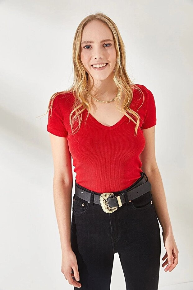 Red V-Neck Camisole Short Sleeve Knitwear Blouse