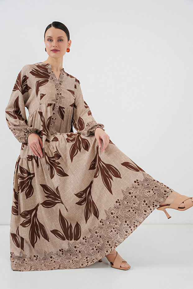 Women's Patterned Hijab Dress F.Beige 1010