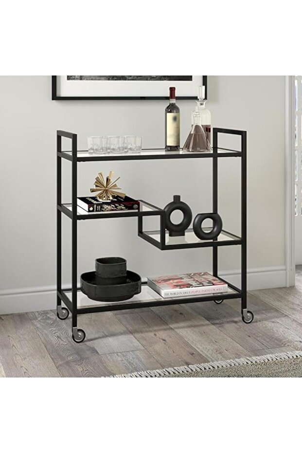 FFD Modern Metal Serving Trolley with Clear Glass Shelves 3-Tier Utility Cart 80x40x90cm