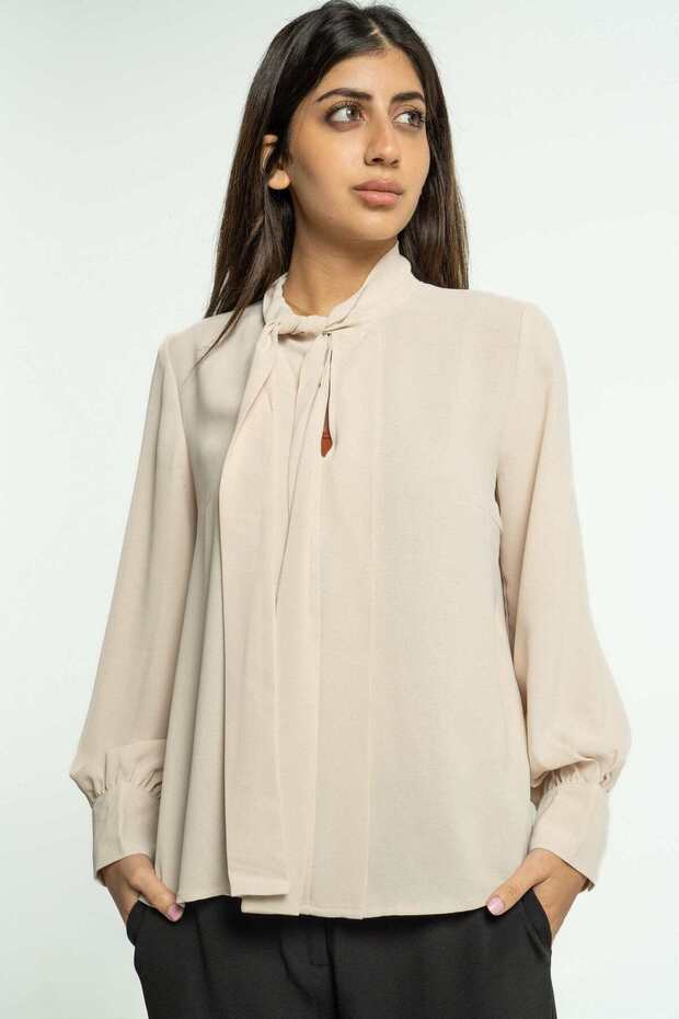 بلوزة سادة بأكمام طويلة وربطة عنق - 1