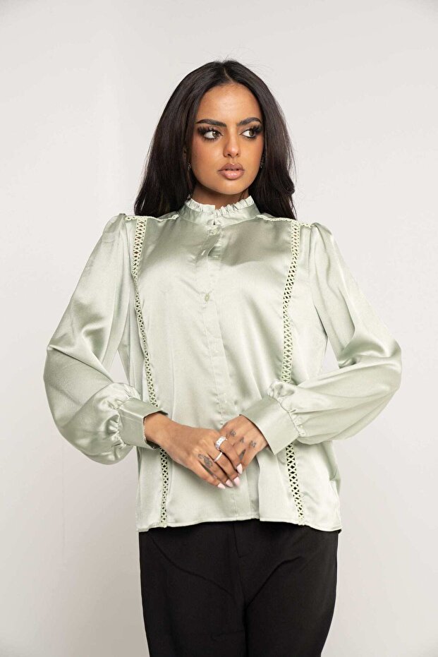 Solid Blouse with Ruffled Neck and Front Buttons Long Sleeve