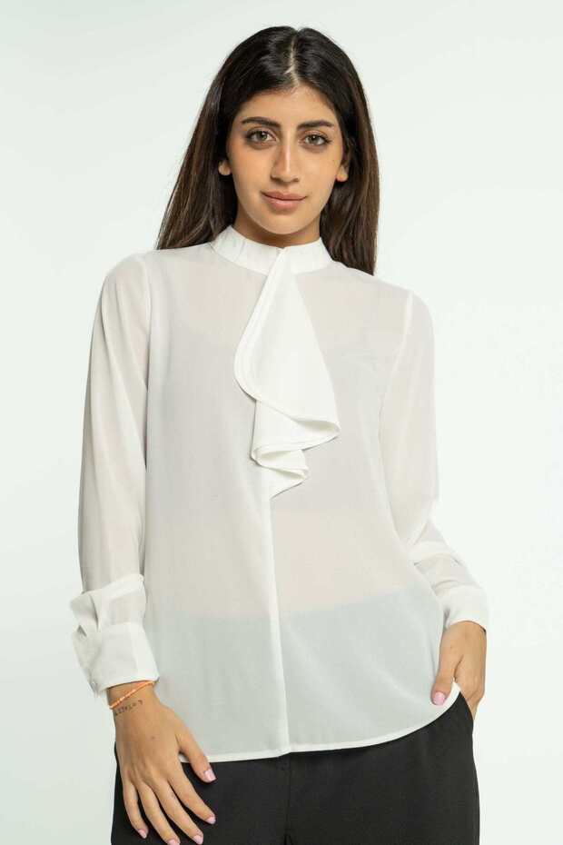 بلوزة سادة بأكمام طويلة وربطة عنق - 1