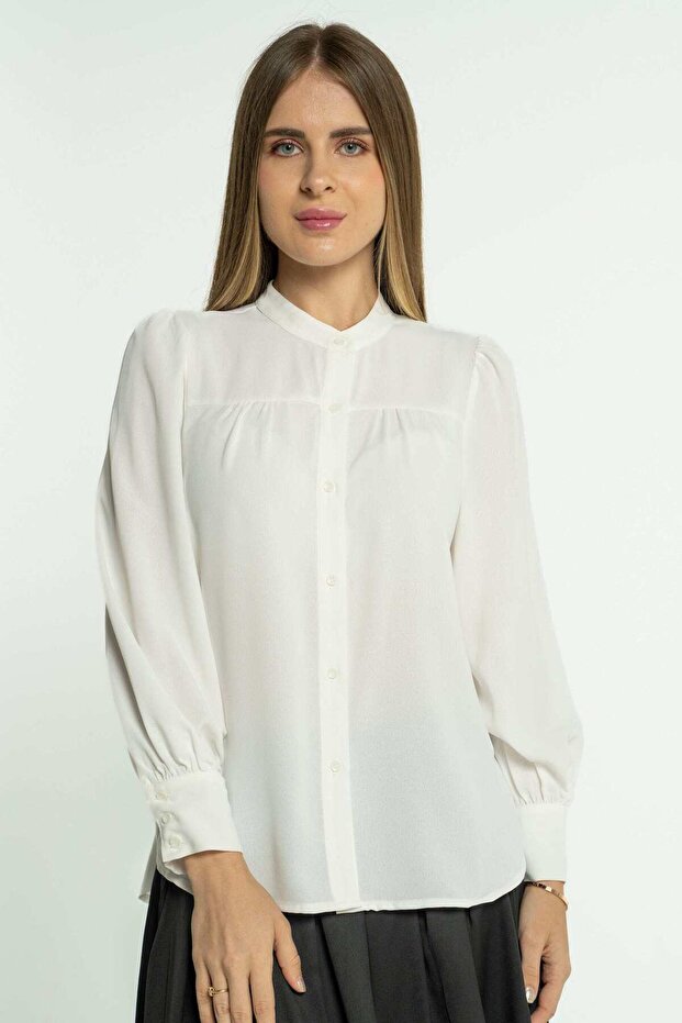 Solid Long Sleeve Blouse with Neckline - 2
