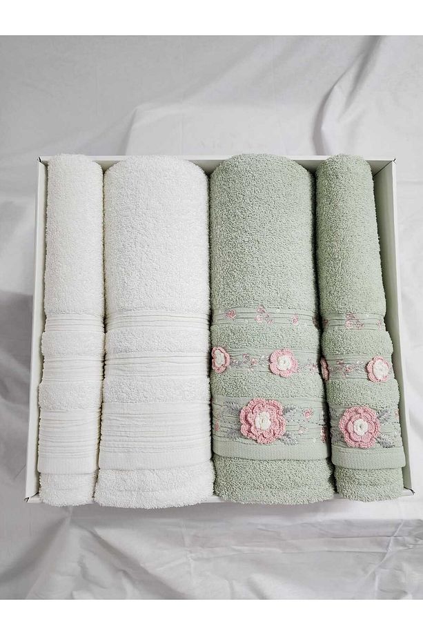 4'lü Banyo Havlu Seti Hamam Takımı El İşi Nakışlı 100% Pamuk - 1