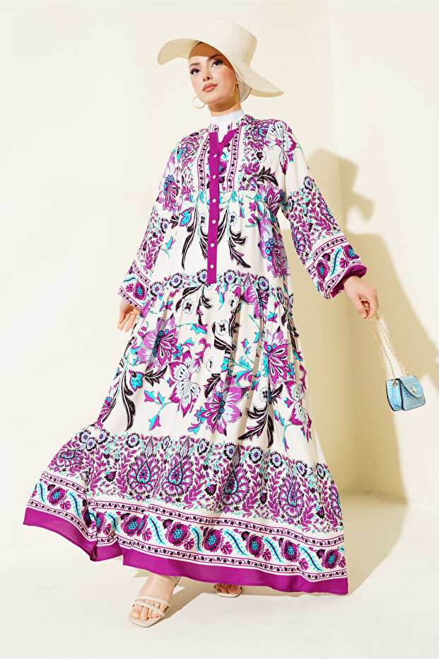 Women's Patterned Hijab Dress Plum 1010