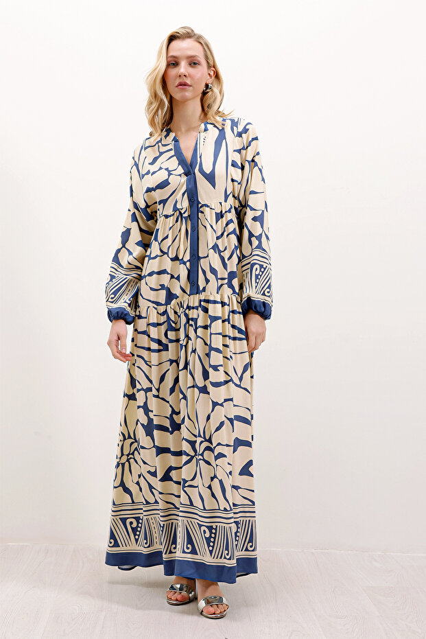 Women's Patterned Hijab Dress C.Indigo 1010