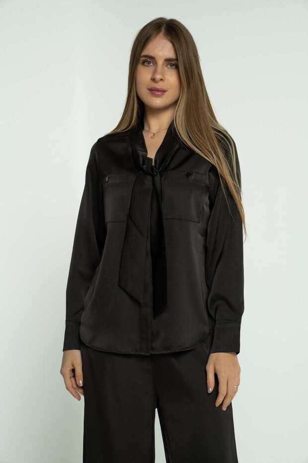 بلوزة سادة بأكمام طويلة وربطة عنق - 1