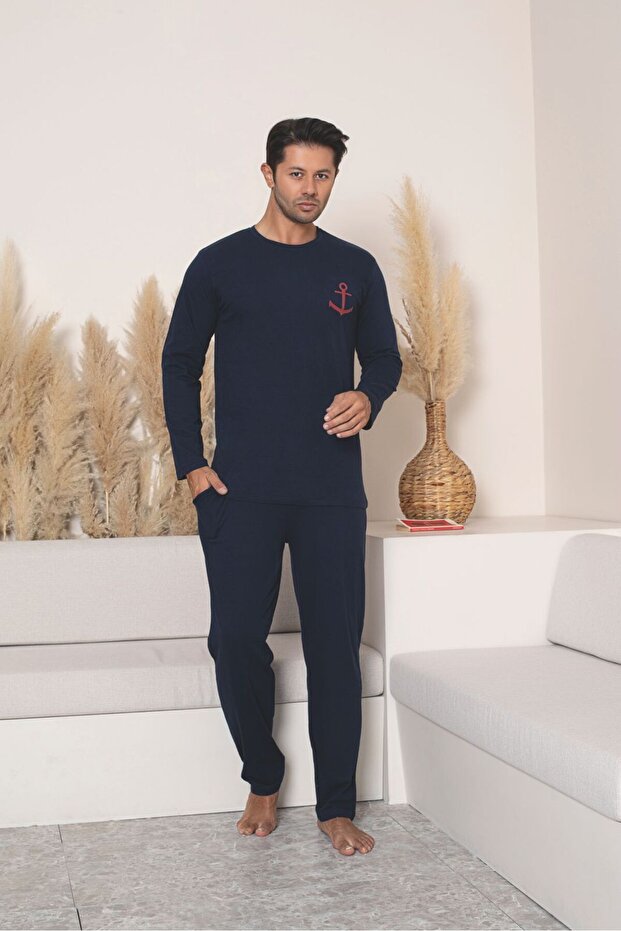 Erkek %100 Pamuk Lacivert Uzun Kollu Kaliteli Rahat Battal Pijama Takımı - 1