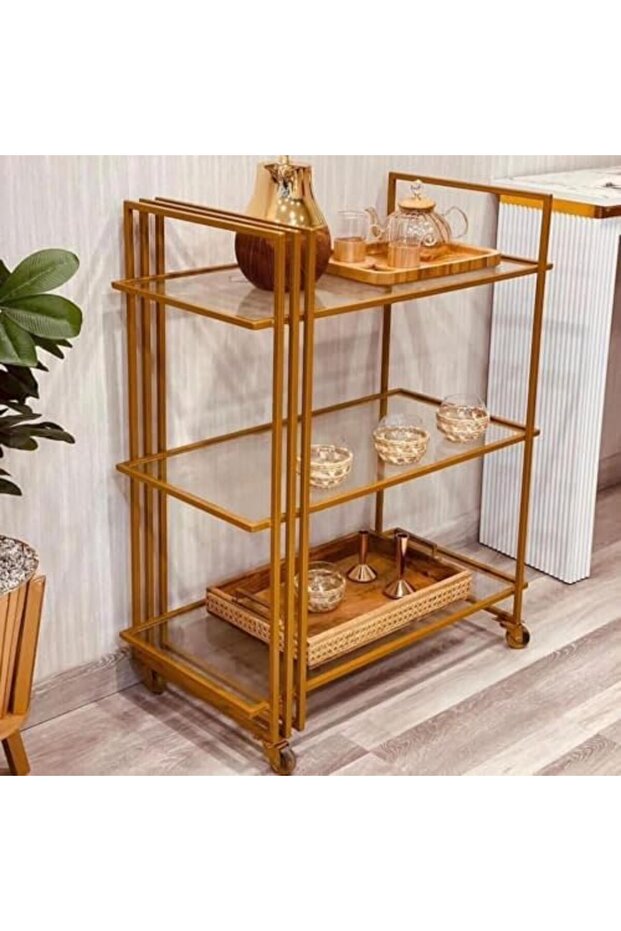FFD Metal Serving Cart with Glass Shelf for Kitchen, Living Room, Bar - 1.3cm Frame, 100x40x90cm