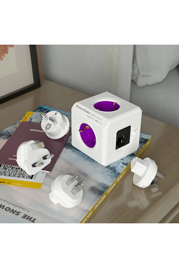 Cubic extension cord, Powercube by Allocacoc, 3 adapters, 2xUSB, 4 sockets, white/purple - 2