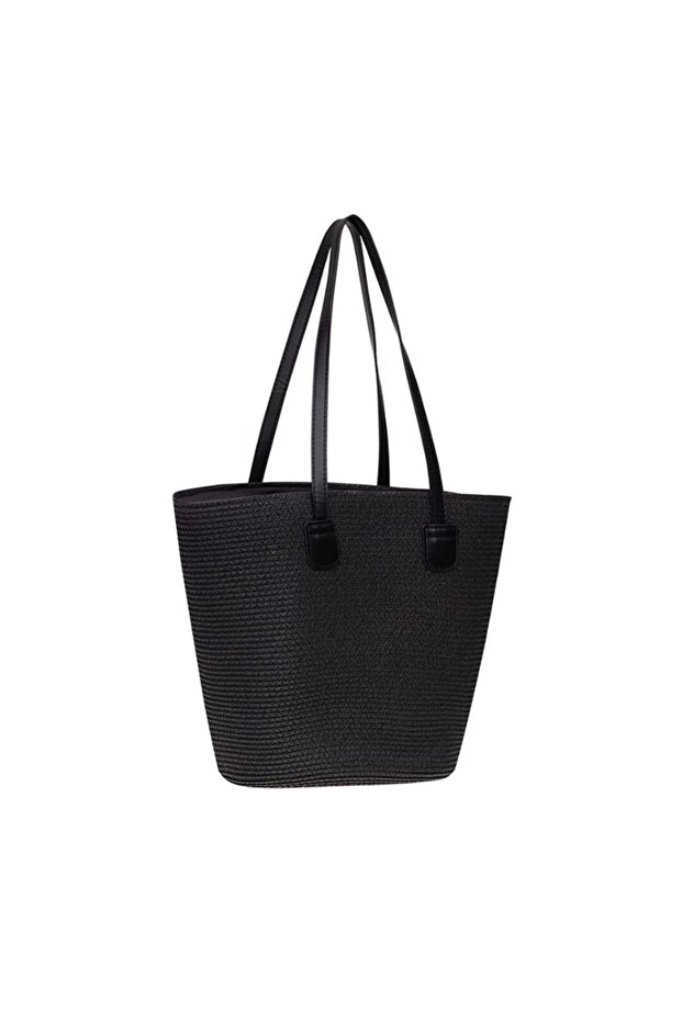 حقيبة شاطئ من القش باللون الأسود - 2