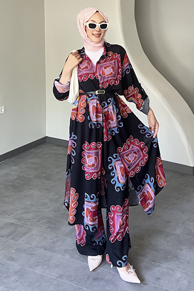 Set cămașă lungă cu model pătrat - 1